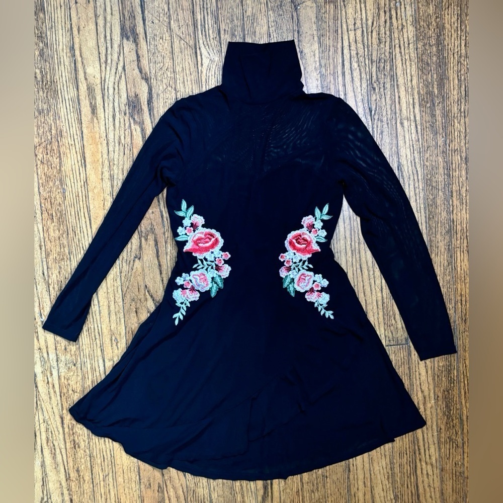 Black Floral Mock Neck Dress Juniors Large Goth Core Whimsigoth Dark Romance
